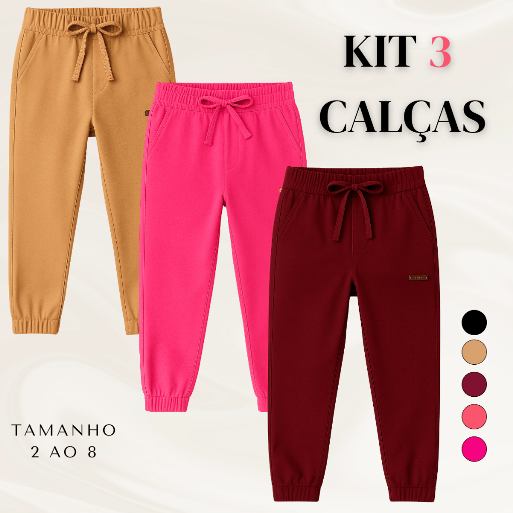 KIT 3 Calças Menina Elastico Juvenil Conforto Escola Estilo Feminina Passeio Frio Bolso Tamanho 2-8