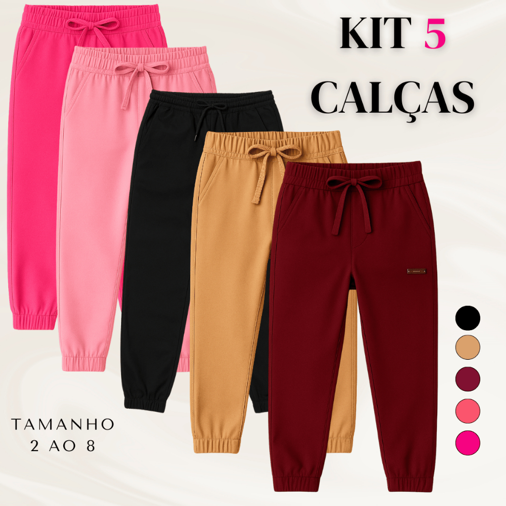 KIT 5 Calça Menina Jogger Bengaline Inverno Frio Escola Passeio Elastico Bolso Mini Diva Modinha