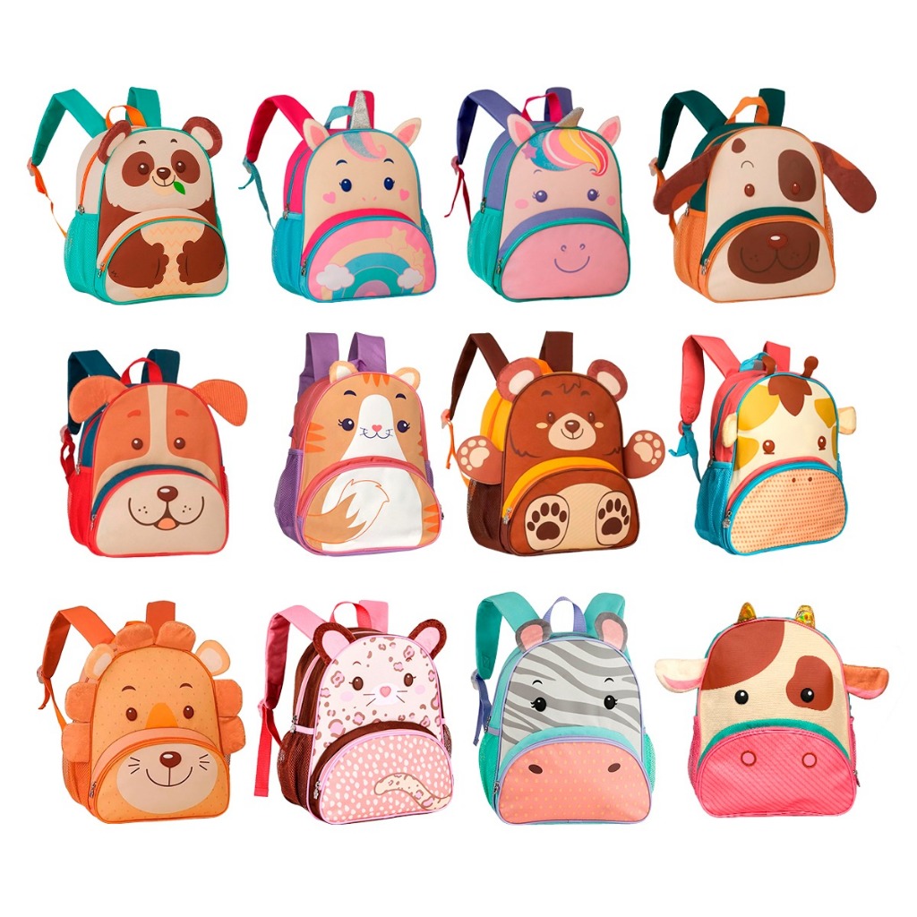 Mochila Infantil Prática Com Alças Colorida Estampa Animais Bolso Lateral Escola Creche Passeio Viagem