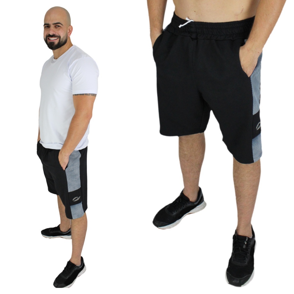 Bermuda Moletom Passeio Masculino Diferenciado Detalhes nas Laterais Cos de Elástico 3 Bolsos Fundos