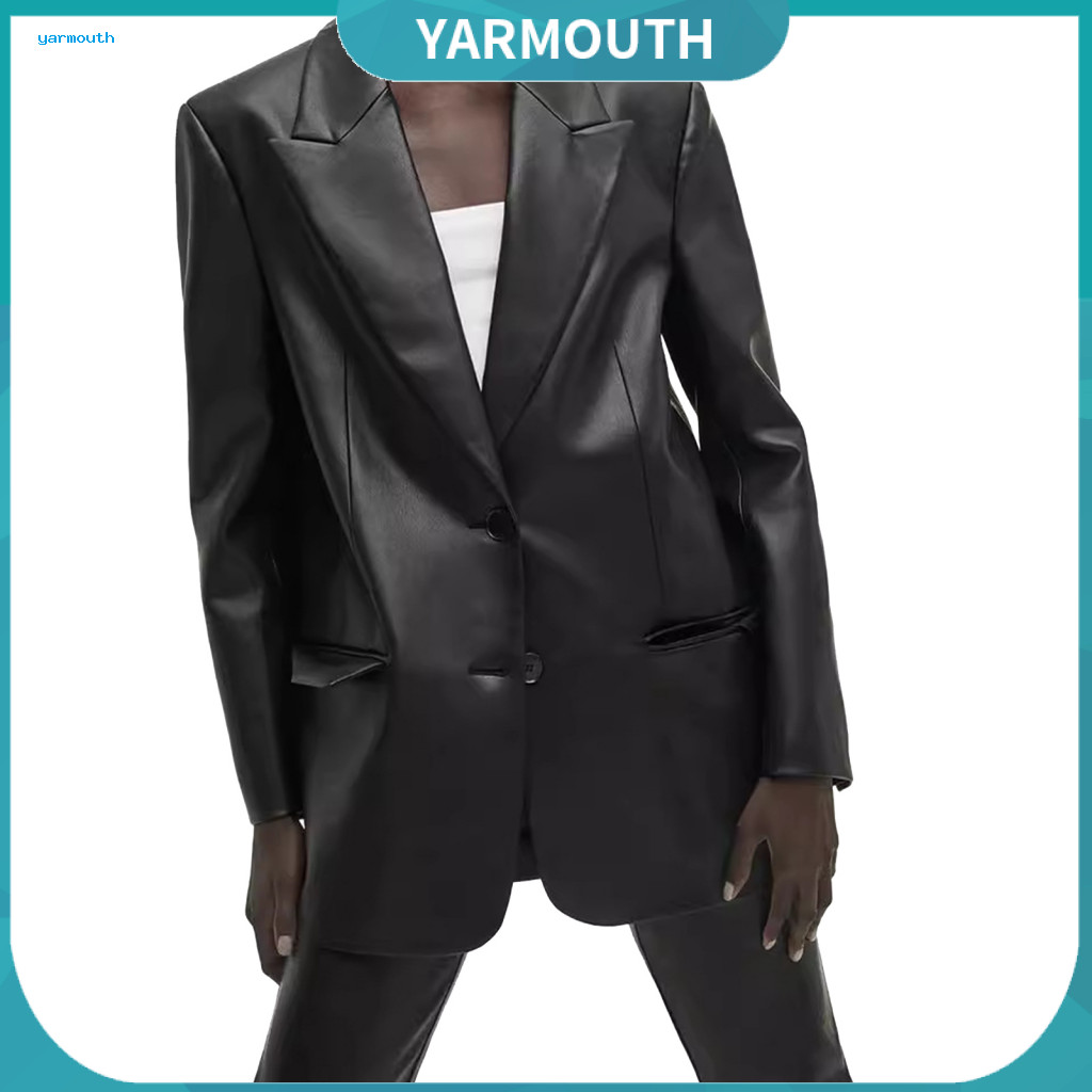 Autumn Spring Jacket Women Faux Leather Women’s Medium Length Solid Color Single-breasted Suit Coat with Lapel – Per