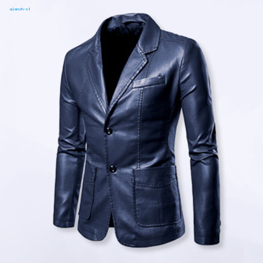 Men Jacket Outerwear Men's Solid Color Faux Leather Business Single-breasted Suit Coat with Lapel Long Sleeve Windproof