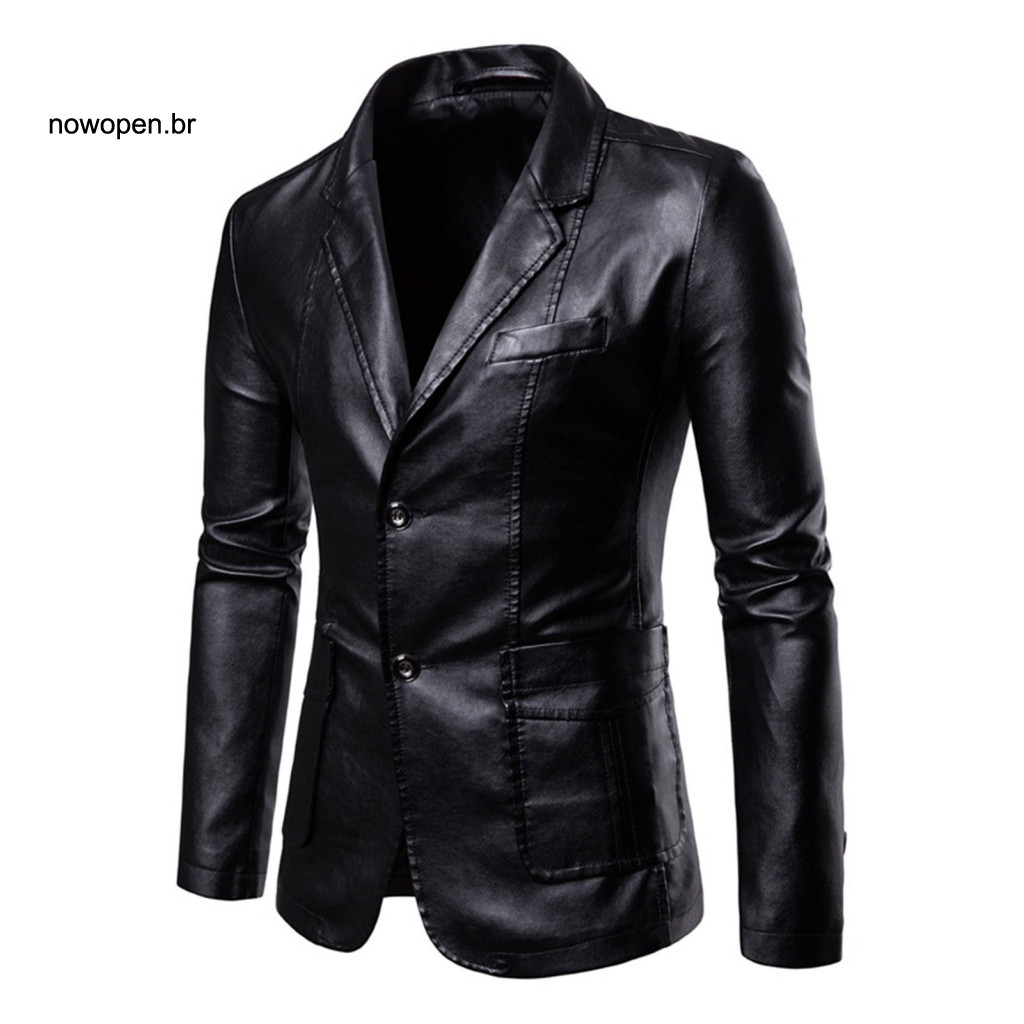 Men Solid Color Jacket Coat Men's Faux Leather Business Single-breasted Suit with Lapel Long Sleeve Windproof Outwear fo