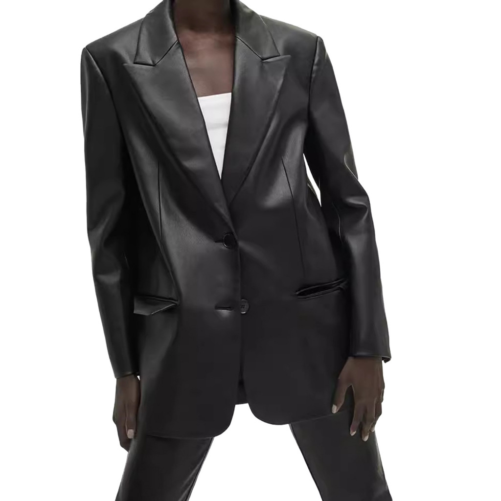 Fashionable Faux Leather Jacket Women Women’s Medium Length Solid Color Single-breasted Suit Coat with Lapel – for S