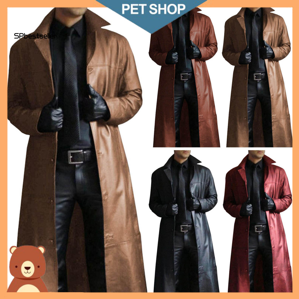 Single-breasted Men Jacket Extra Long Windbreaker Men's Slim Fit Faux Leather Sleeve Single Breasted Outerwear with Suit