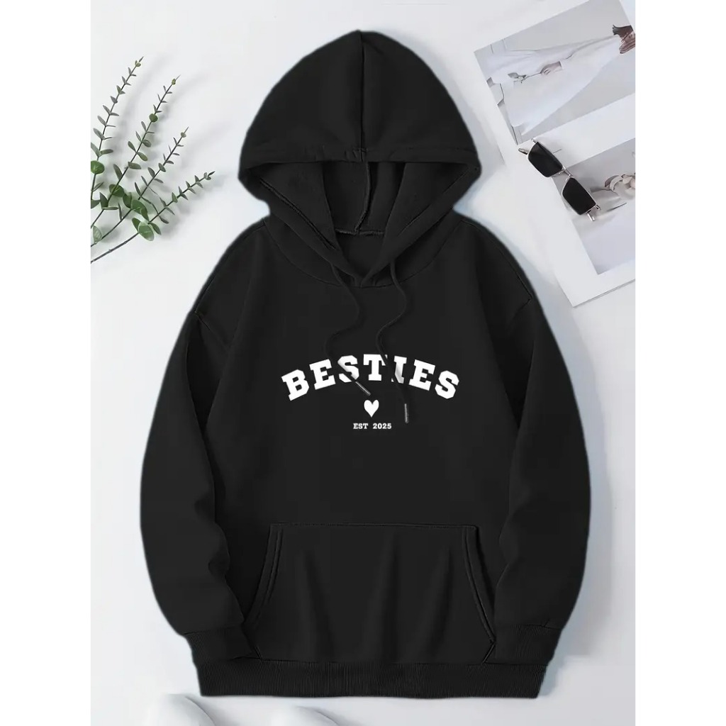 Moletom Feminino 'Bestie' com Estampa - Pulôver Casual com Bolso Canguru, Manga Longa, Mistura de Poliéster, Lavável à M