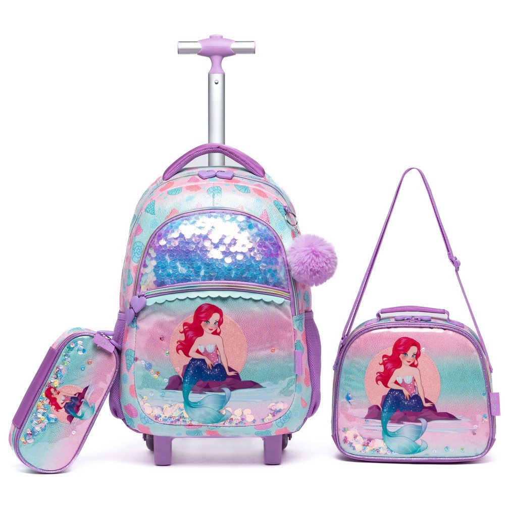 Kit Mochila Rodinha Feminina Sereia Desenho Moderna Juvenil Escolar Lancheira Térmica Estojo