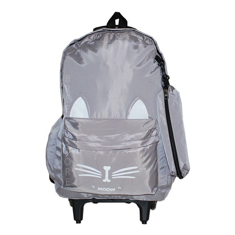 Mochila Escolar Feminina Juvenil De Gatinhas Com Rodinhas Cinza