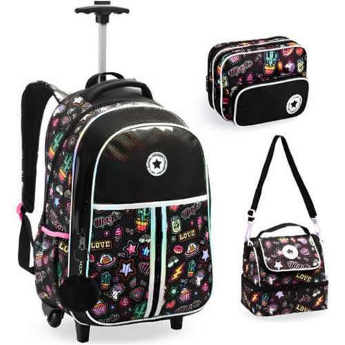 Kit Mochila Rodinha Lancheira Estojo Box Juvenil Escolar Feminina Infantil Just Love Teen Preto