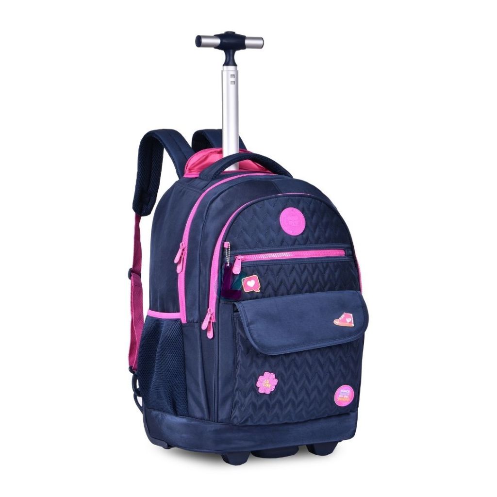 Mochila de Rodinha Luluca Escolar Feminina Fashion Rosa Juvenil Clio Com Haste Youtuber Games Rosa
