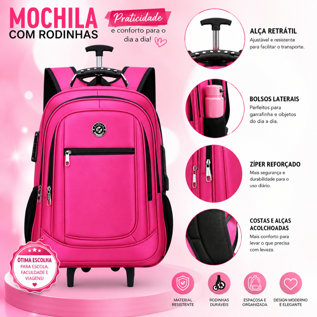 Mochila Rodinha Impermeável Reforçada   Feminina Juvenil Escolar Pimki