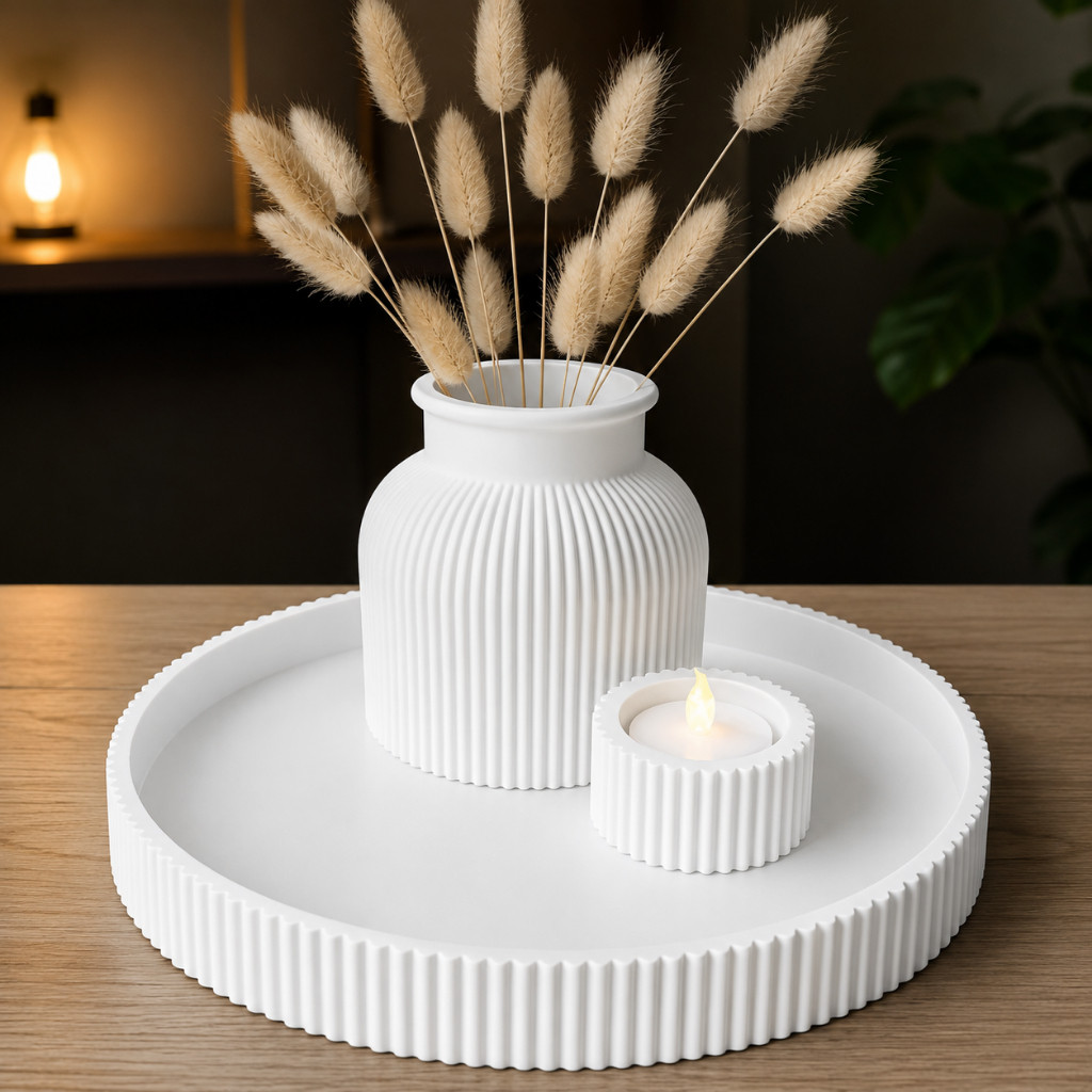 Conjunto Decorativo Wabi-Sabi Japonês | Bandeja Decorativa + Vaso + Porta Velas LED | Decoração Moderna Minimalista