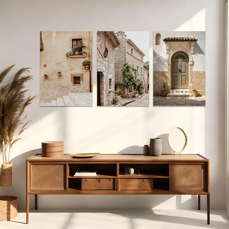 Emoldurado Wabi Sabi Old Stone Building Canvas Wall Art Neutro Vintage House Decoração De Parede