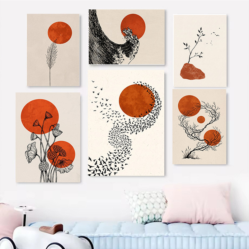 Emoldurado Wabi Sabi Laranja Pôr Do Sol Linha Abstrata Lona Mínimo Nórdico Sala De Estar Decoração De Parede