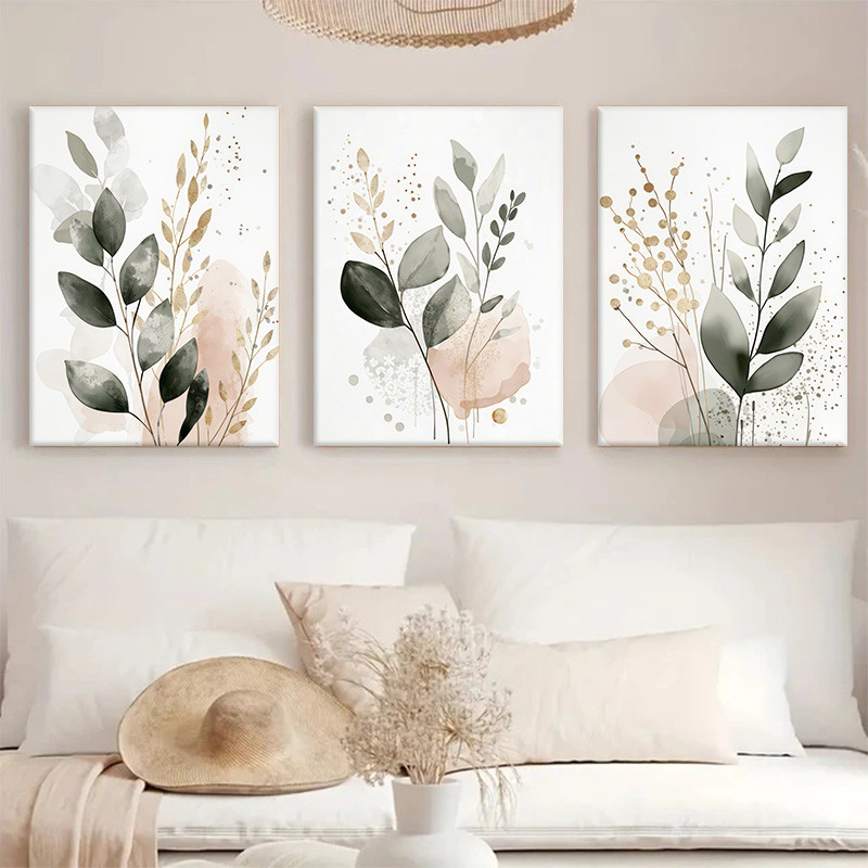 Emoldurado Wabi Sabi Folha Verde Impressão Em Tela Minimalista Neutro Botânico Arte De Parede Decoração De Sala De Estar