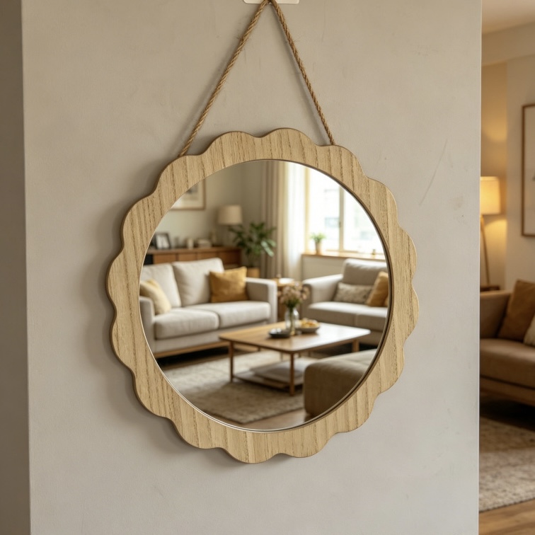 Espelho de Parede de Madeira com Bordas Onduladas Wabi-Sabi, Espelho Decorativo Boho Rústico Redondo e Ondulado com