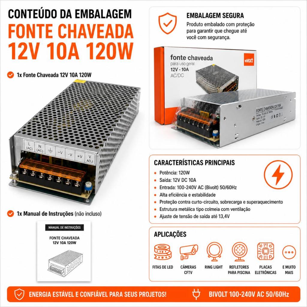 Fonte Chaveada Colmeia 12V 10A 120W Bivolt 110V 220V Para LED CFTV Câmeras Ring Light Eletrônicos top