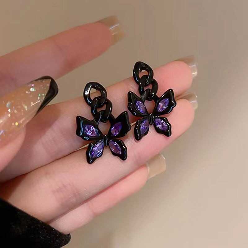 925 agulha de prata Super fada preto corrente borboleta brincos de cristal doce estilo legal brincos simples legal ins b