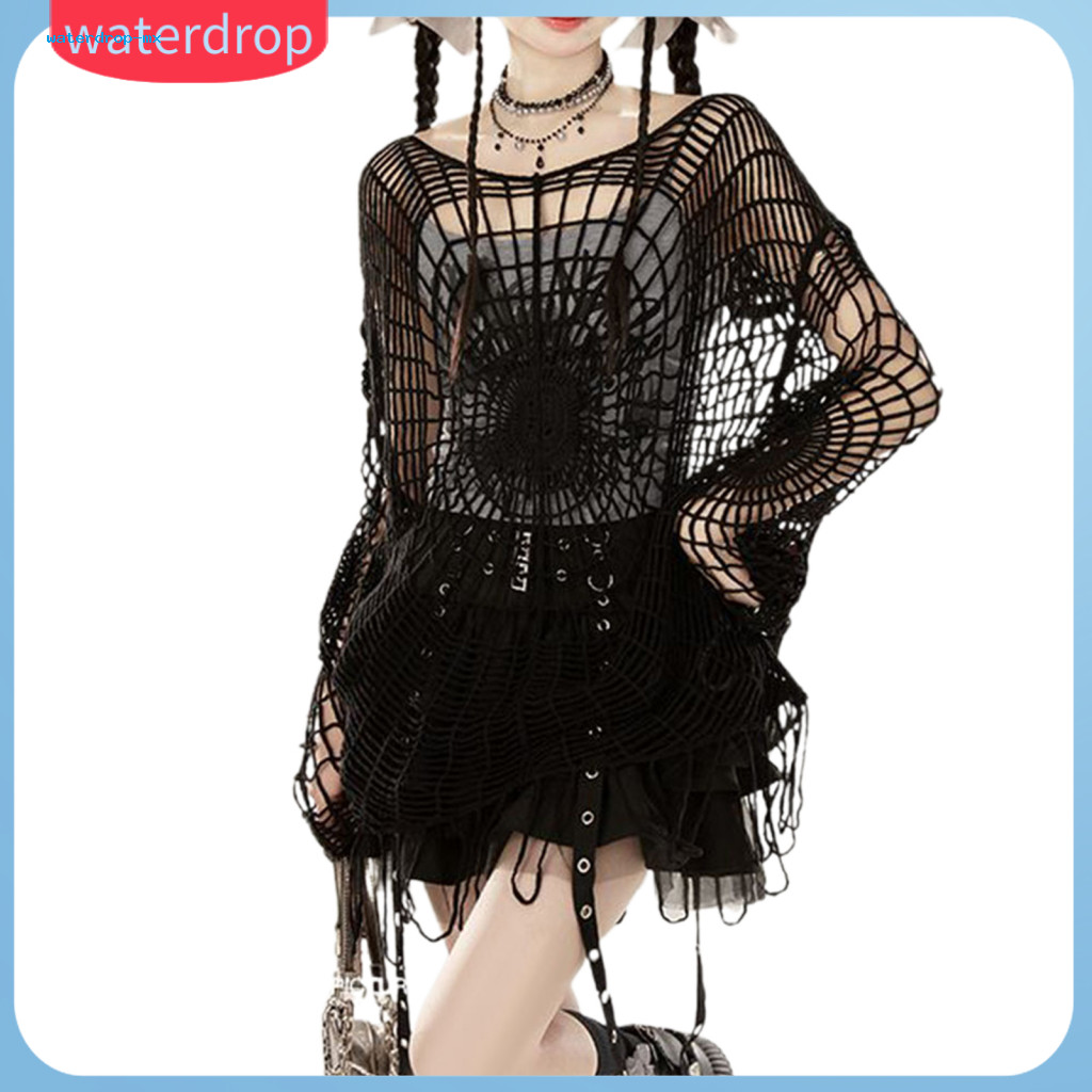 Women’s Knitted Sweater with Spider Web Design Tassel Hem Hollow Style Solid Color Pullover Loose Fit Hooded Long Slee