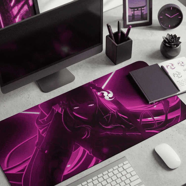 Mousepad Gamer Grande Anime Otku Desk Mat Antiderrapante Estampa Neon Roxo Setup Gamer Completo