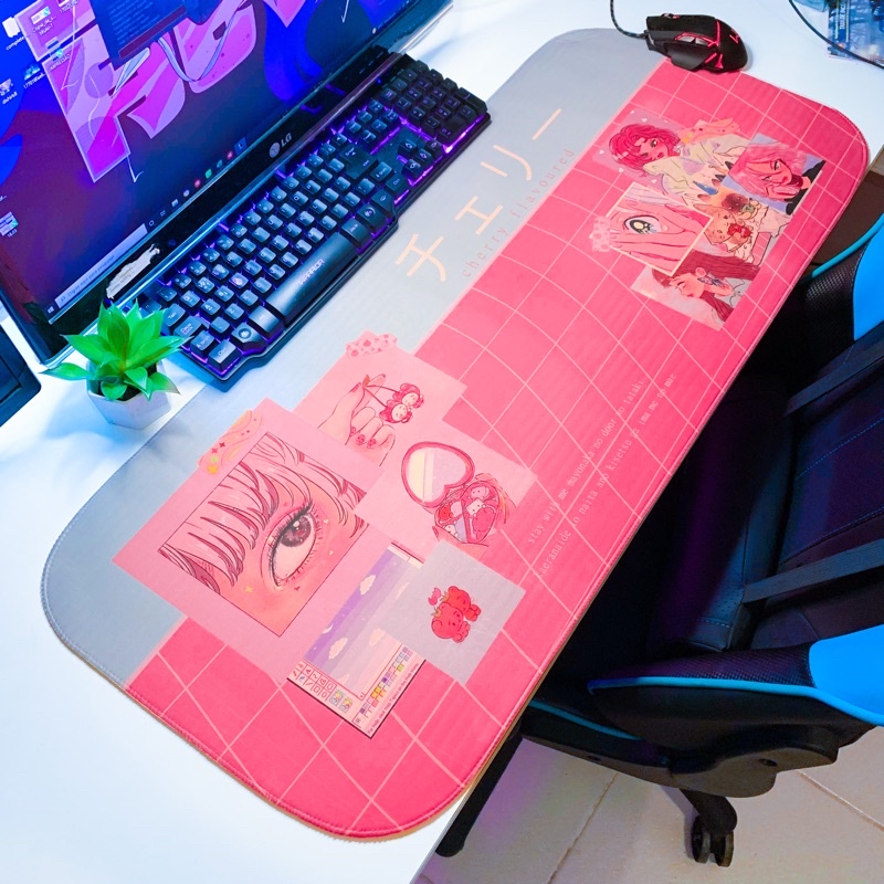 Mousepad Gamer Cherry Flavoured | Pink Setup Kawaii Gamer Desk Mat 900mm x 400mm