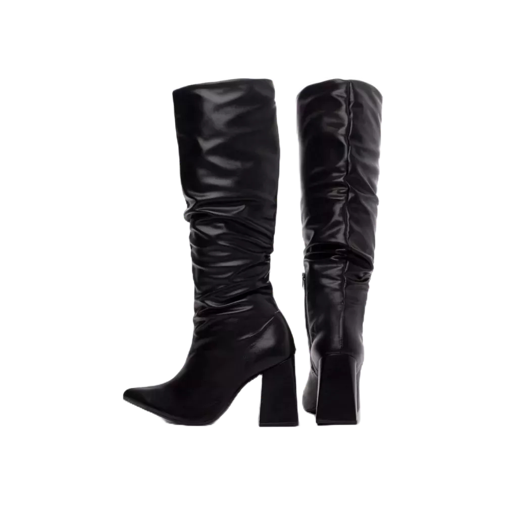 Bota Franzida Feminina Salto Bloco Alto Bico Fino Cano Longo Sanfonado