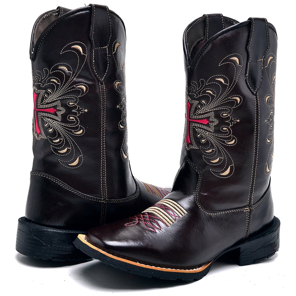 Botas Texana Feminina Café Com Bordado De Cruz Rosa Promoção Black Friday