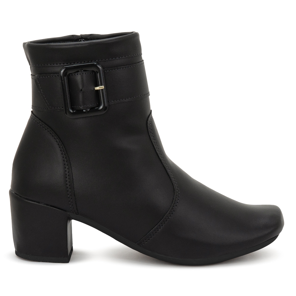 Bota Coturno Feminina Cano Curto Preto Salto Grosso Confortável com Fivela Elegante Casual Ref: 190