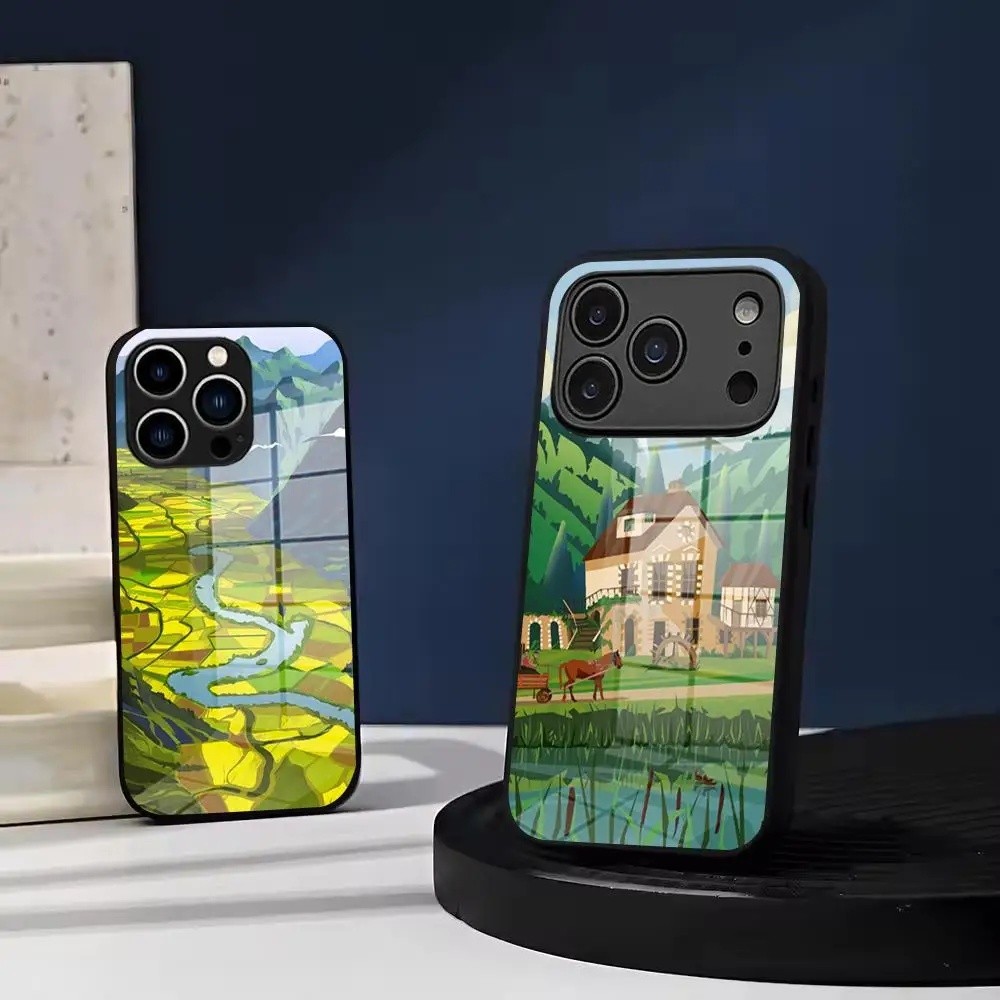 Capa de Telefone BK-1 com Design de Paisagem de Montanha e Rio em Vidro Temperado para iPhone 17 Air 16 15 Pro Max 14 13