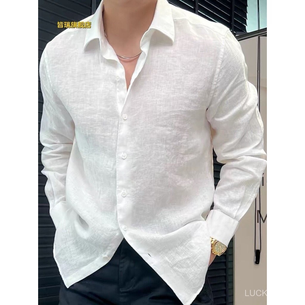 Spring and Summer Shirt High-End Sun Protection Linen Solid Color Long Sleeve Shirt Men Loose Versatile White Top