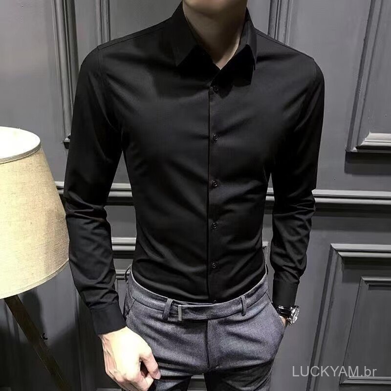 [American-style shirt]Social shirt St. Paul Spring and autumn men's long-sleeve white shirt, Korean style slim-fit solid