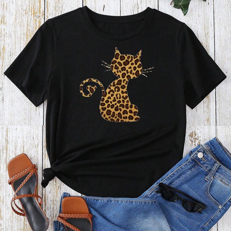 Lindo Desenho Animado Leopardo Estampado Gato Moda Nova Senhora top Branco Manga Curta Camiseta Preta Pink spring/summer Roupa Feminina Mother Cat Amante