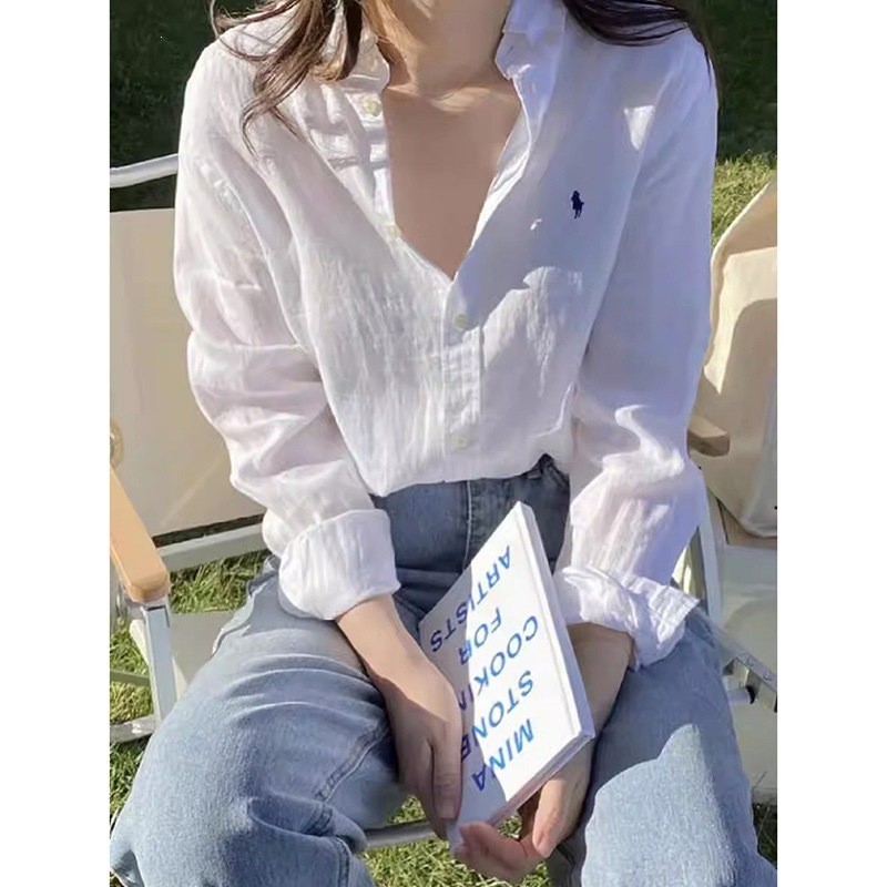 Summer Thin Sun-Protective Linen White Shirt for Women, Loose Casual Cotton-Linen Long-Sleeve Top for Spring and Summer