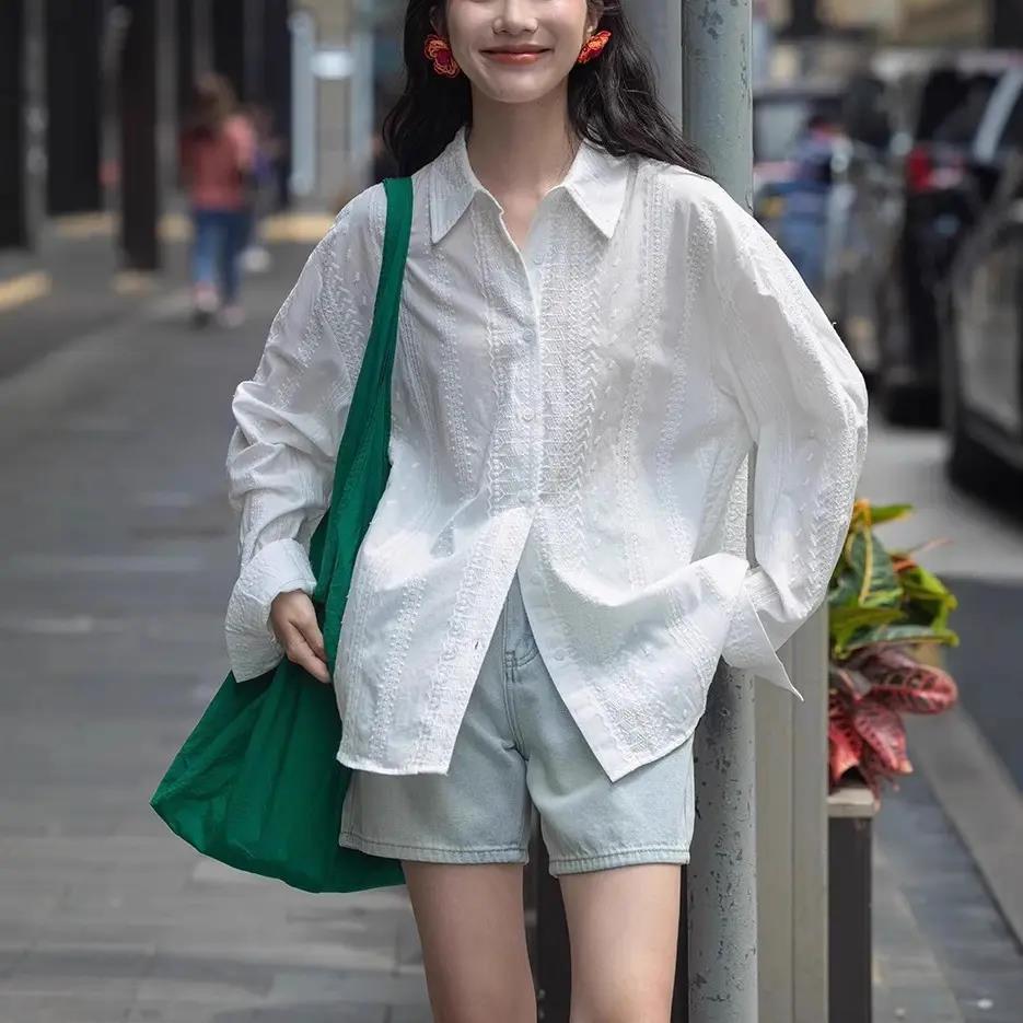 Jacquard white cotton shirt for women, spring thin sun protection shirt, jacket, new design top