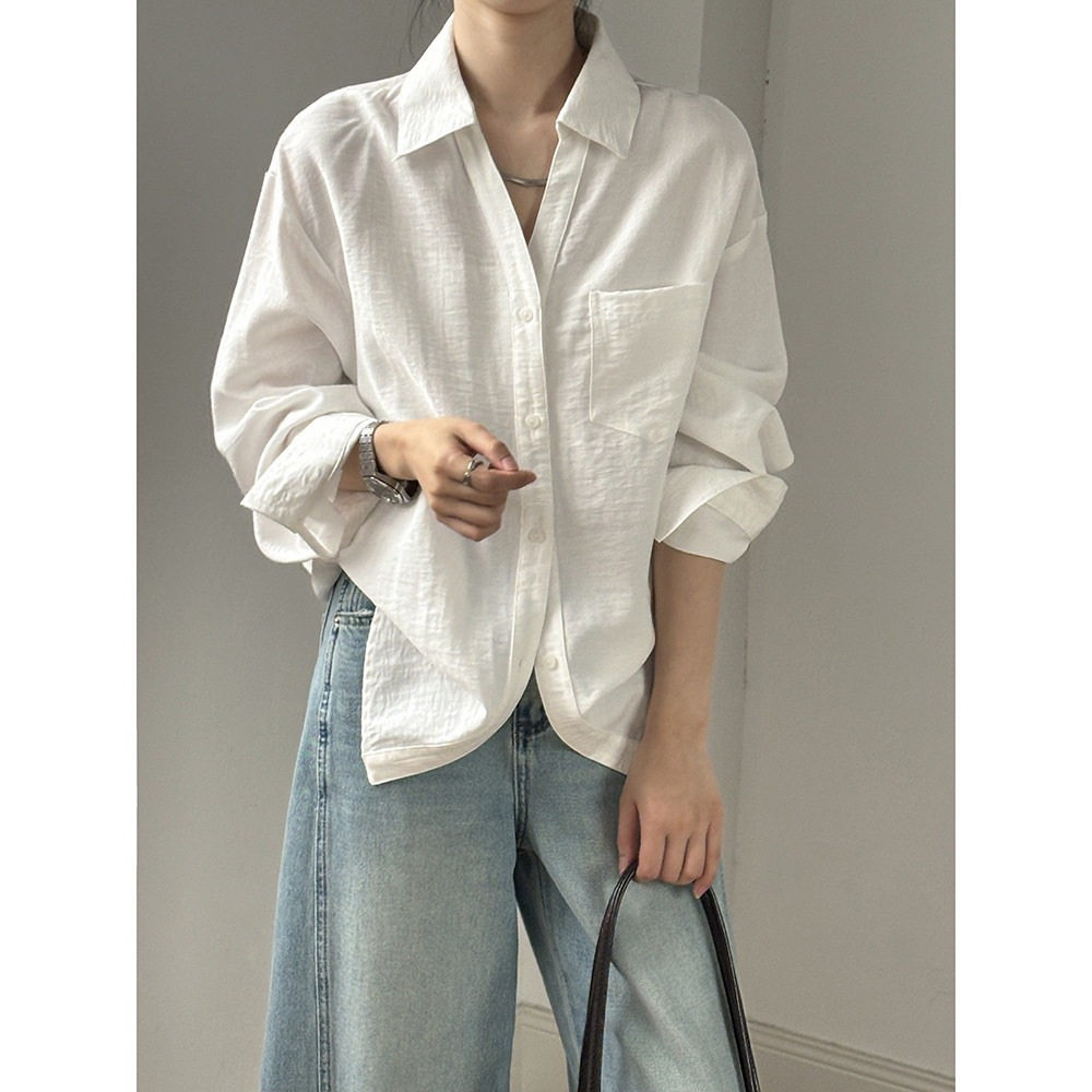 Linen white shirt for women, new spring-summer casual, simple, versatile, fashionable, high-end long-sleeve top