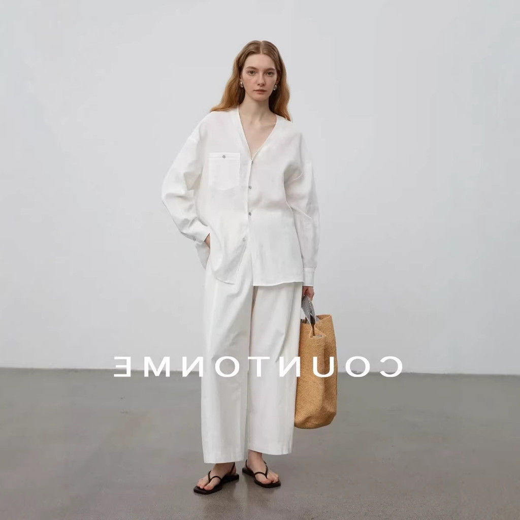 Old Money Style Relaxed White Ramie Long Sleeve Loose Spring Shirt V Women's casual shirt