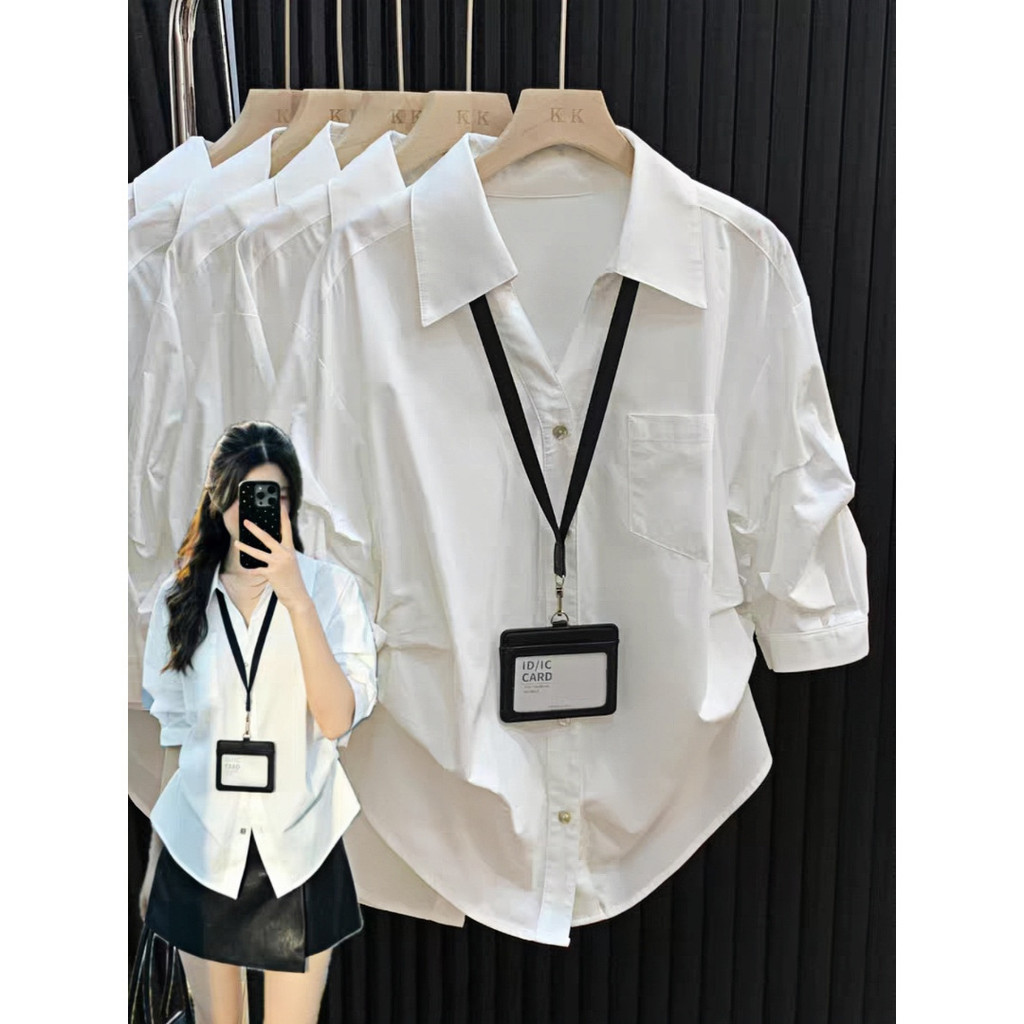 polo Elegant white shirt for women, spring/summer design, loose fit with ruched waist, three-quarter sleeve top