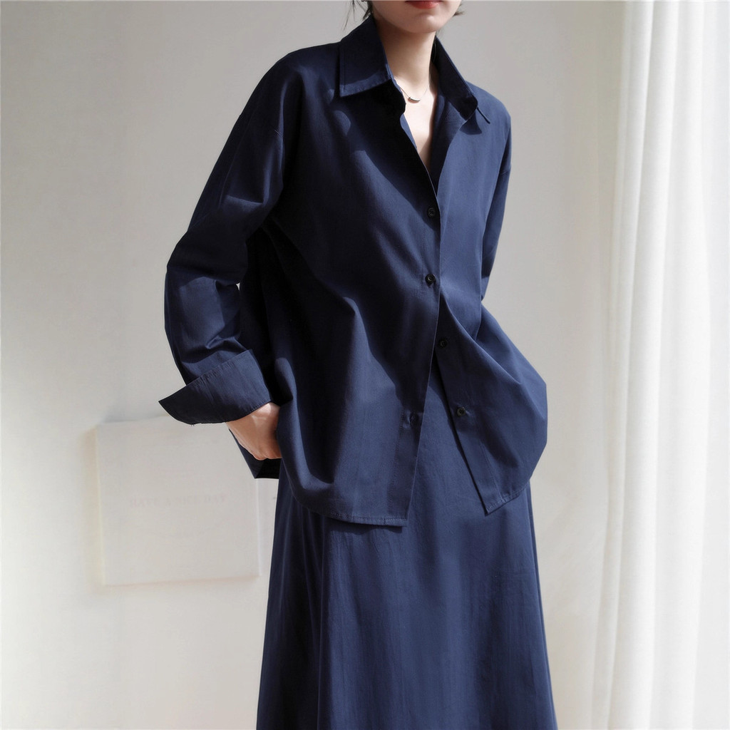 2025Spring and Autumn Simple Commuting Pure Cotton White Long-Sleeve Shirt Versatile Skirt Set