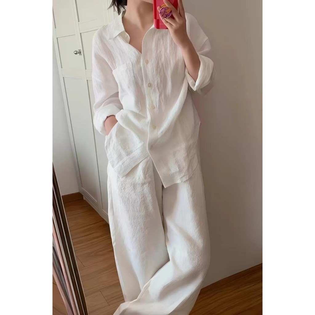 White cotton-linen shirt for women, spring and summer, loose, casual, long-sleeved, sun-protective shirt jacket