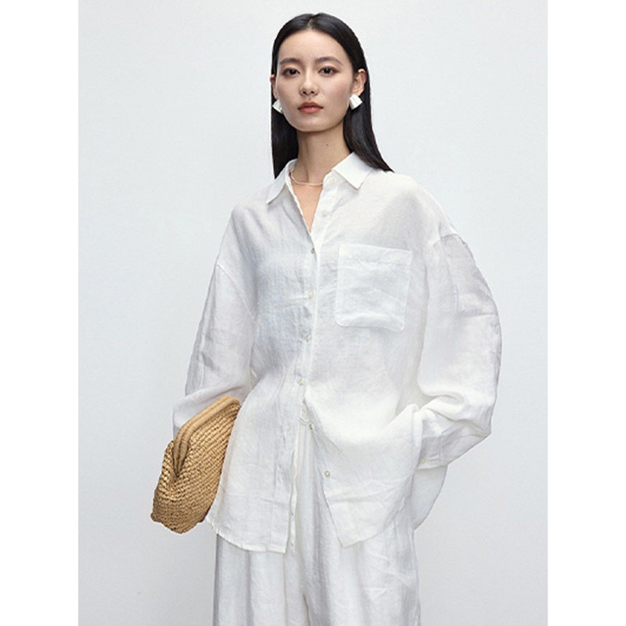 Linen white women's shirt, relaxed and sophisticated, loose-fitting long-sleeve shirt, new spring top