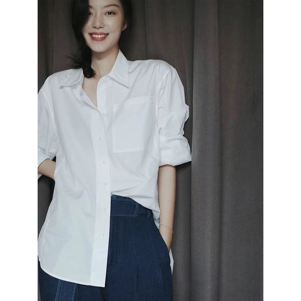 New spring collection white shirt for women, minimalist high-end top, loose casual style, elegant for commuting, cotton