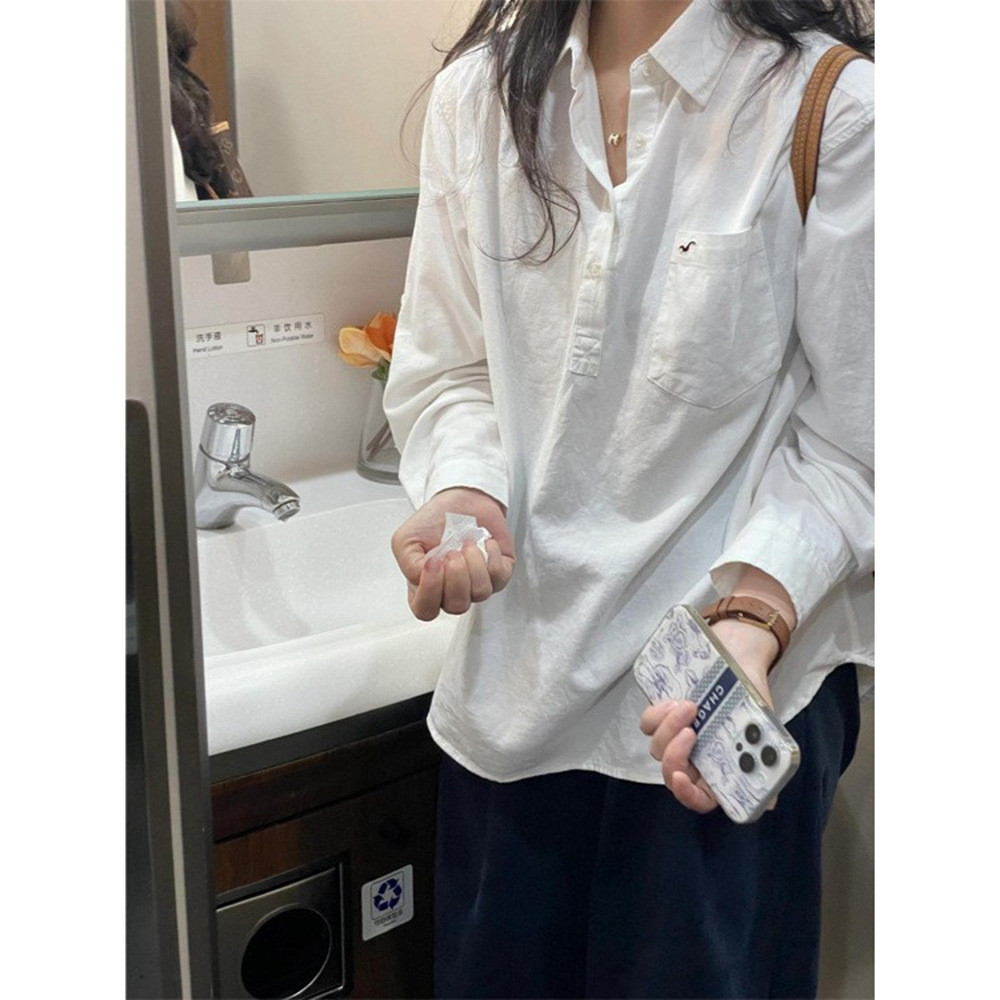 White shirt for women spring/summer2026Loose and casual style polo Long-sleeved pullover sun protection shirt jacket