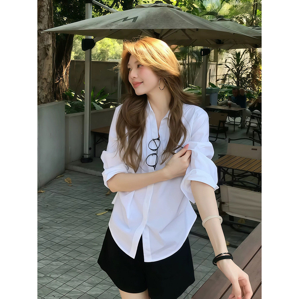 Basic white pleated shirt for women, spring/summer loose casual long-sleeve stylish top
