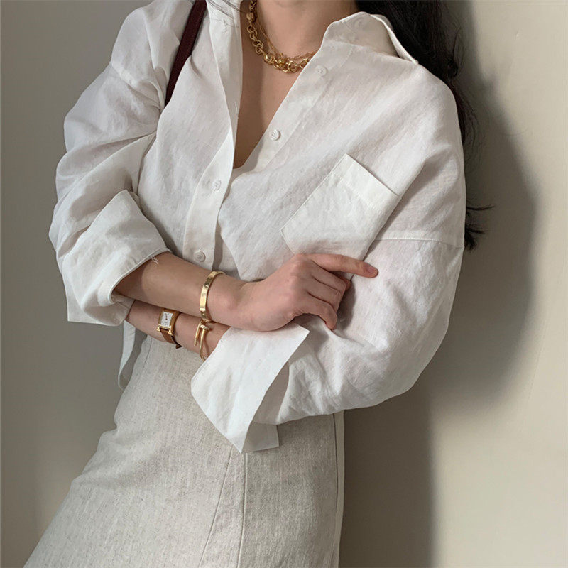 Women's cotton-linen sun-protective long-sleeve white shirt2026New Spring and Autumn Hong Kong Style Loose-Fit Versatile