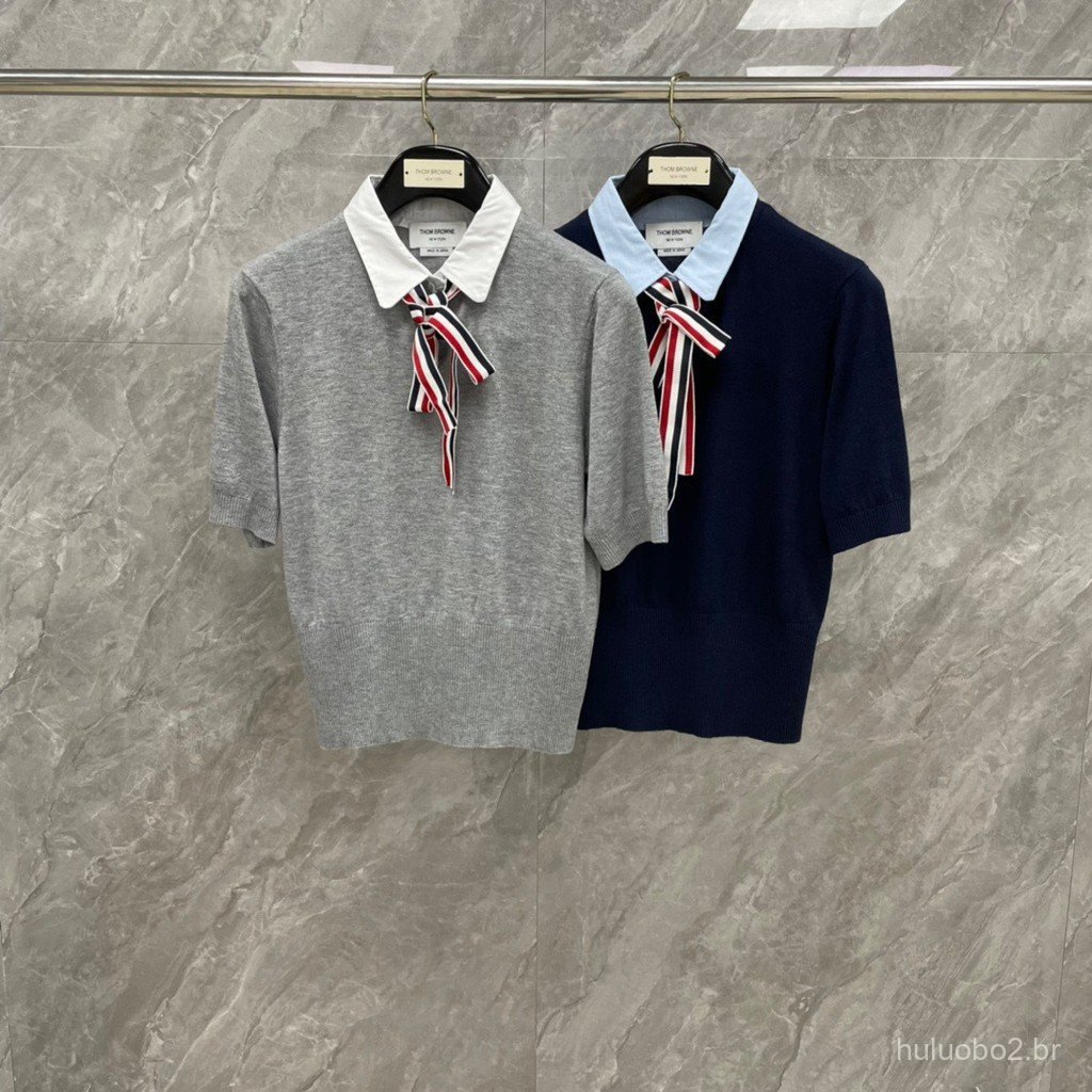 OU01 New Spring/Summer Bow Tie in Contrasting Colors Polo Short-sleeved shirt with red, white, and blue ribbon knit swea