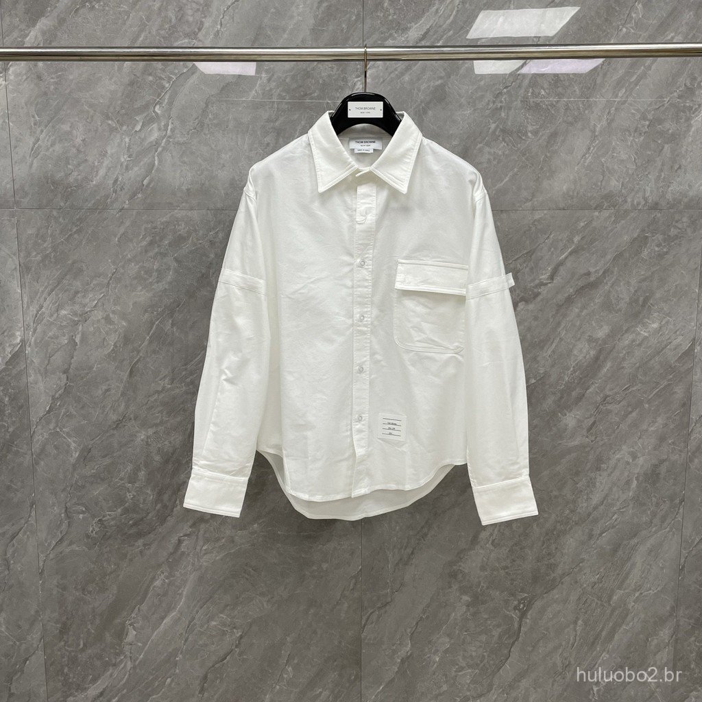 OMSG Early spring new solid color oxford fabric long-sleeve shirt with large chest pocket, white casual shirt, trendy