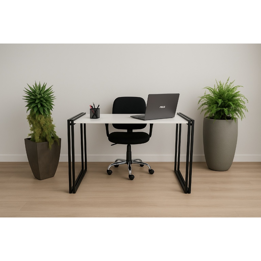 Mesa Escritório Industrial Pé Duplo 110x75x50cm Madeira Metal Mesa Home Office Moderna Resistência