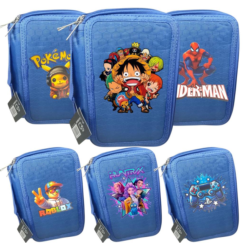 Estojo Escolar Box Azul - Pokemon, Roblox, one piece, etc. Organizador com 4 divisores
