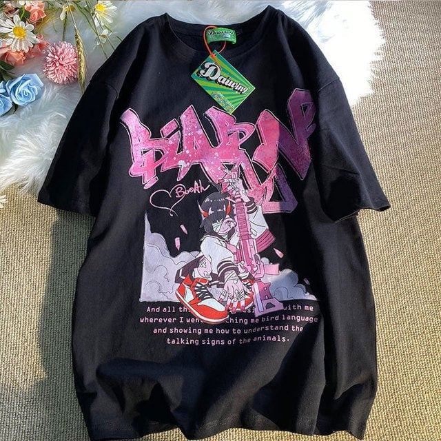 Camiseta Feminina Estampa Anime Kawaii Loose Comfortable Divertida Fofa Moda Casual