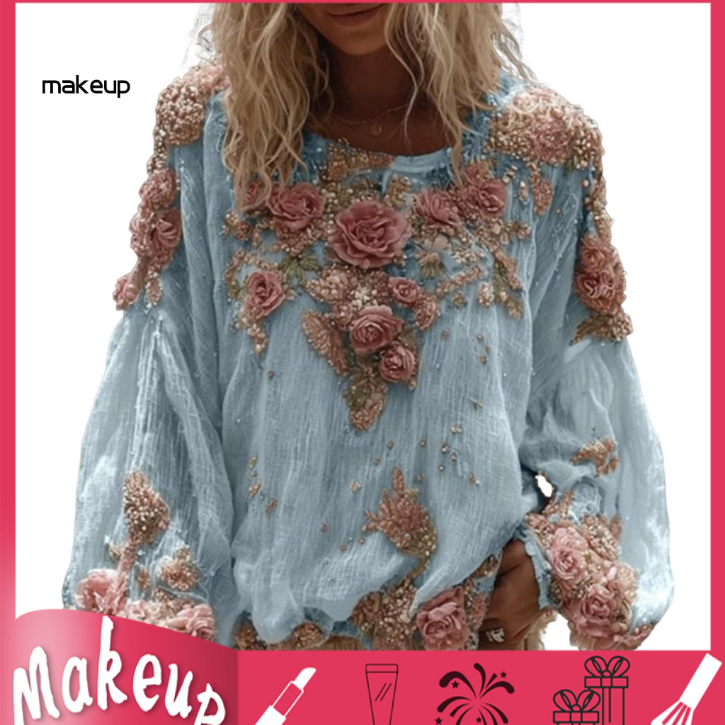 Women Tunics Printed Tops Women’s V-neck Lantern Sleeve Shirt Loose Fit Long Top with 3d Flower Pattern Comfortable We